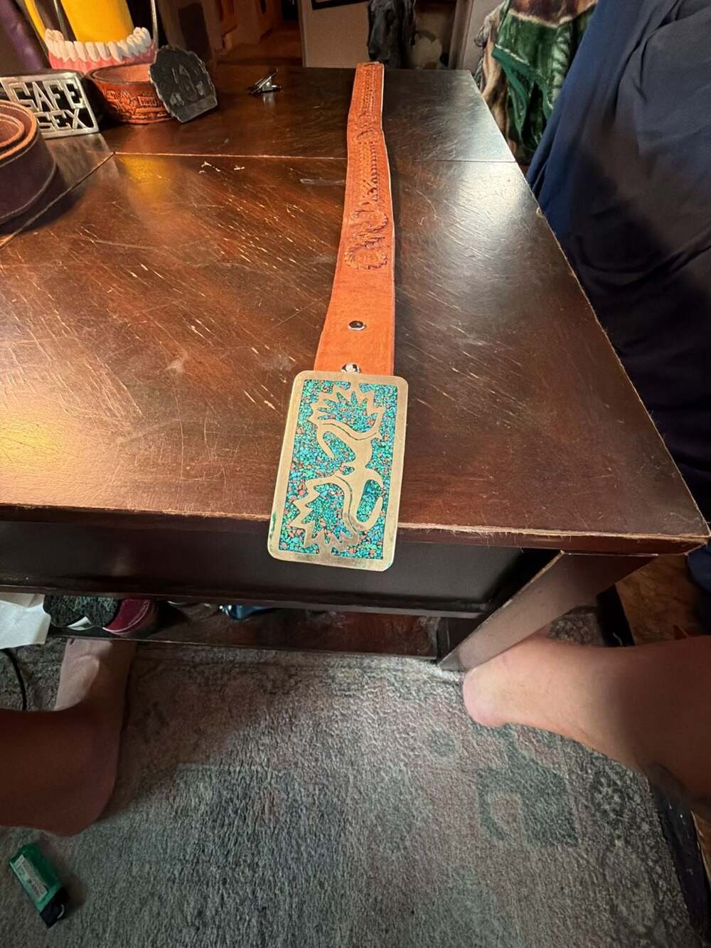 Western Tooled Leather Belt With Turquoise Inlaid Buckle